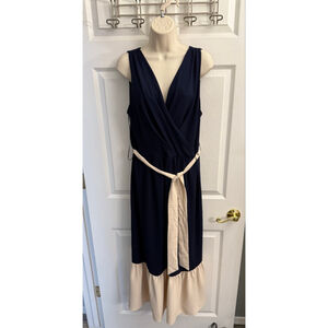 DKNY women's navy blue and tan sleeveless V-neck long dress size 16